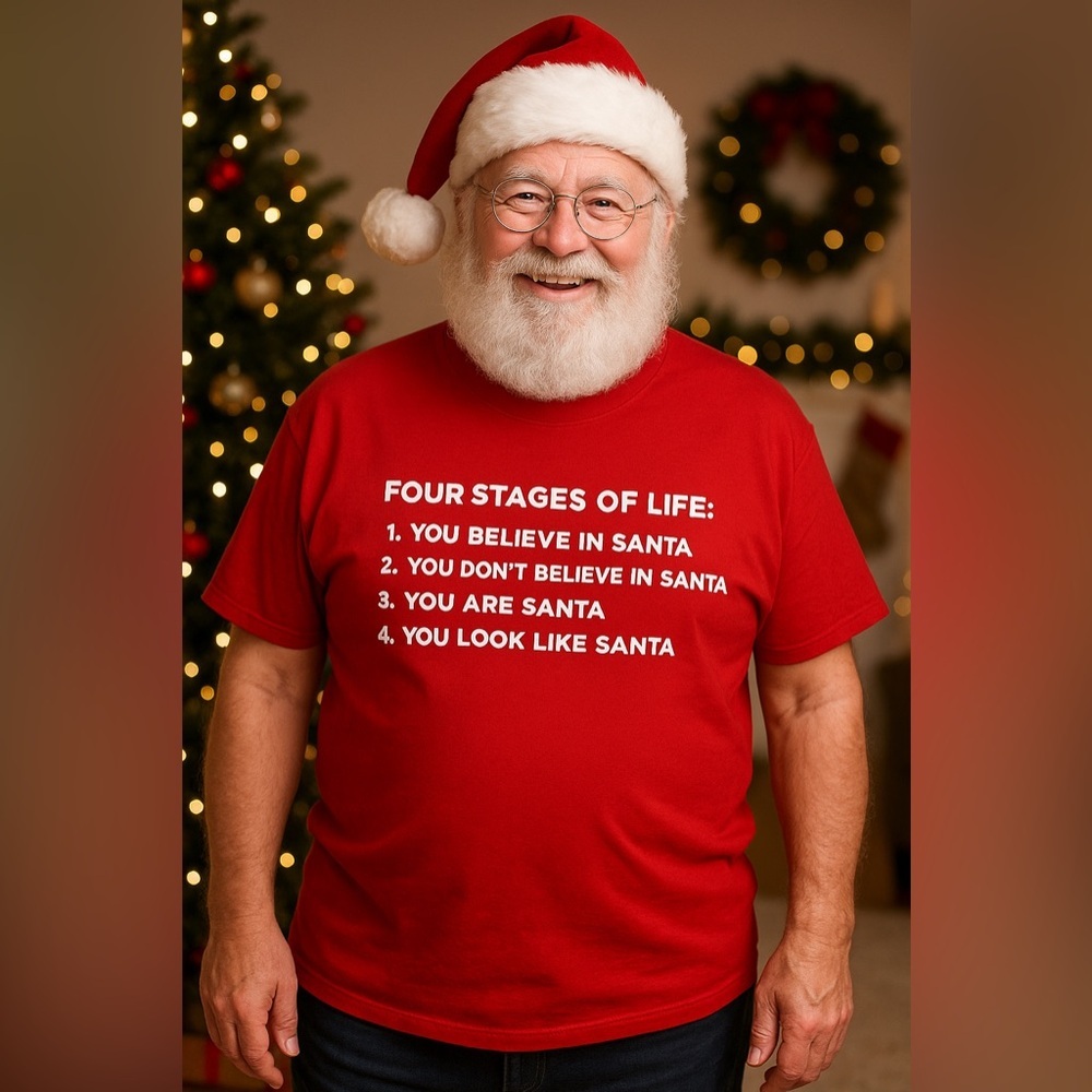 “Four Stages of Life” Funny Santa T-Shirt – Size Large‎